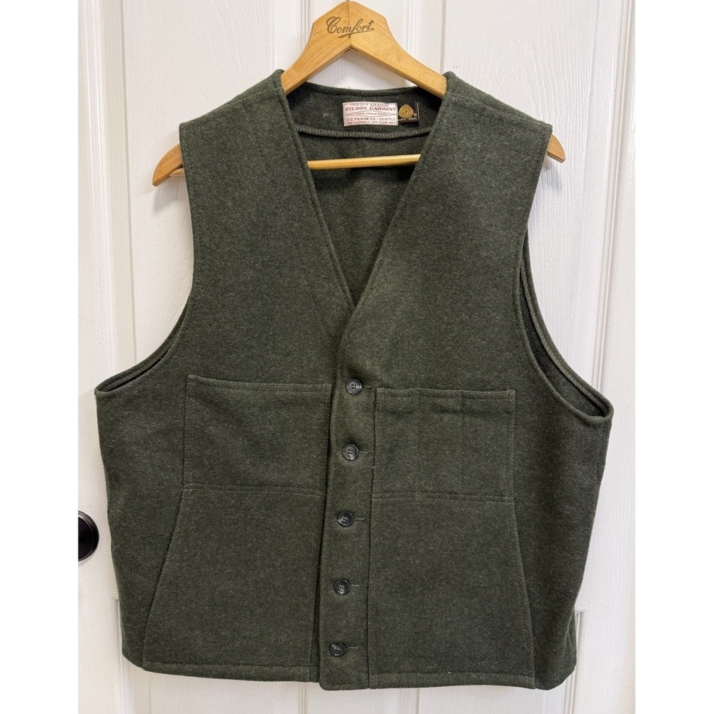 VINTAGE CC Filson Mackinaw Virgin Wool Vest Men's Size 46 XL Green Pockets USA